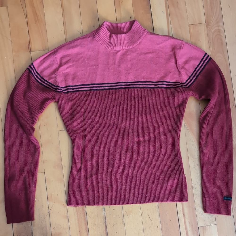 Vintage Columbia Women's Woman's Two Tone Sweater - Cranberry With Black Stripes